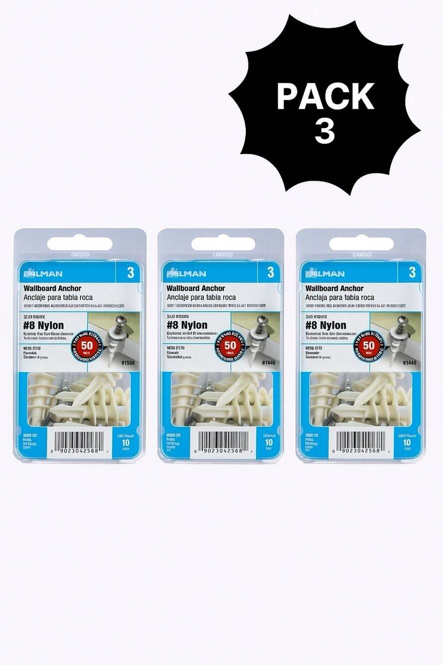 Pack3 Hillman #8 Nylon Wallboard Self-Drilling Anchor with Screws (10 Ct.) 41409